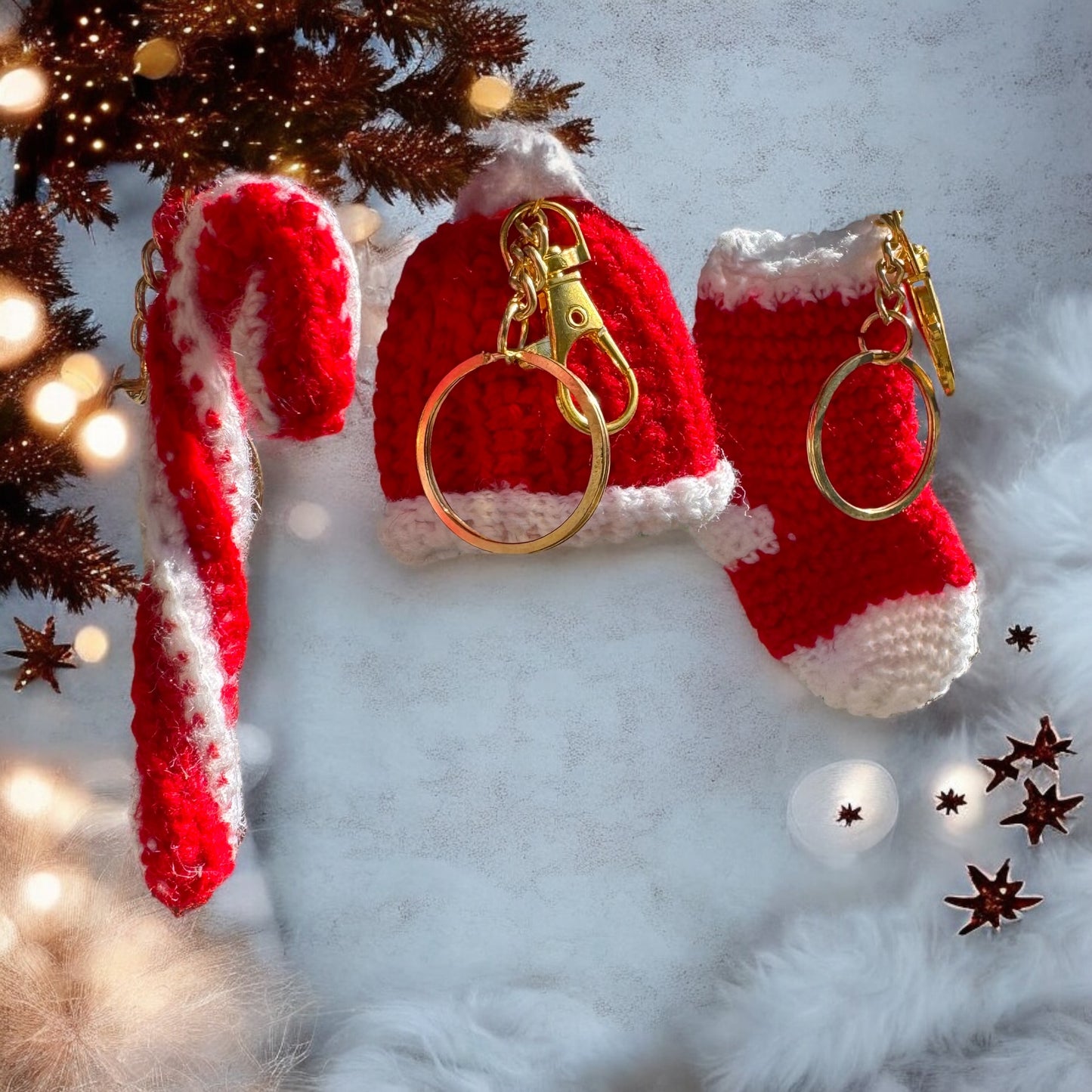 SOE Crochet Christmas Decorative Ornaments: Candy Cane, Christmas Hat & Sock: Set of 3- Keychain/Bagcharm