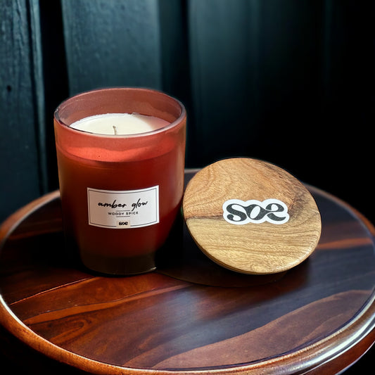 SOE Amber Glow (WOODY SPICE): Glass Jar Candles with Wooden Lid