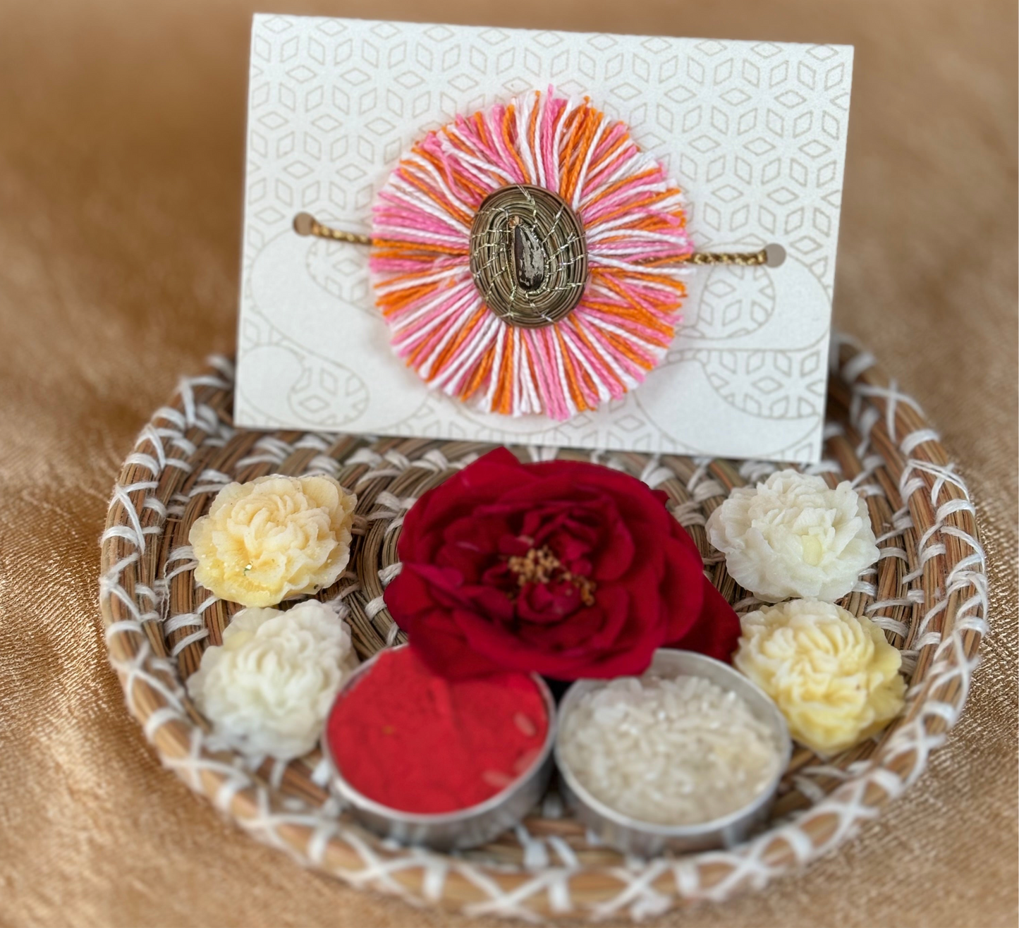 SOE Plantable Pine Needle Rakhi: GULNAR with sunflower seed (with rice & tikka)