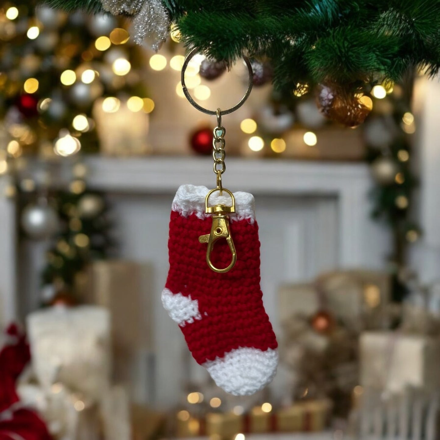 SOE Crochet Christmas Decorative Ornaments: Candy Cane, Christmas Hat & Sock: Set of 3- Keychain/Bagcharm