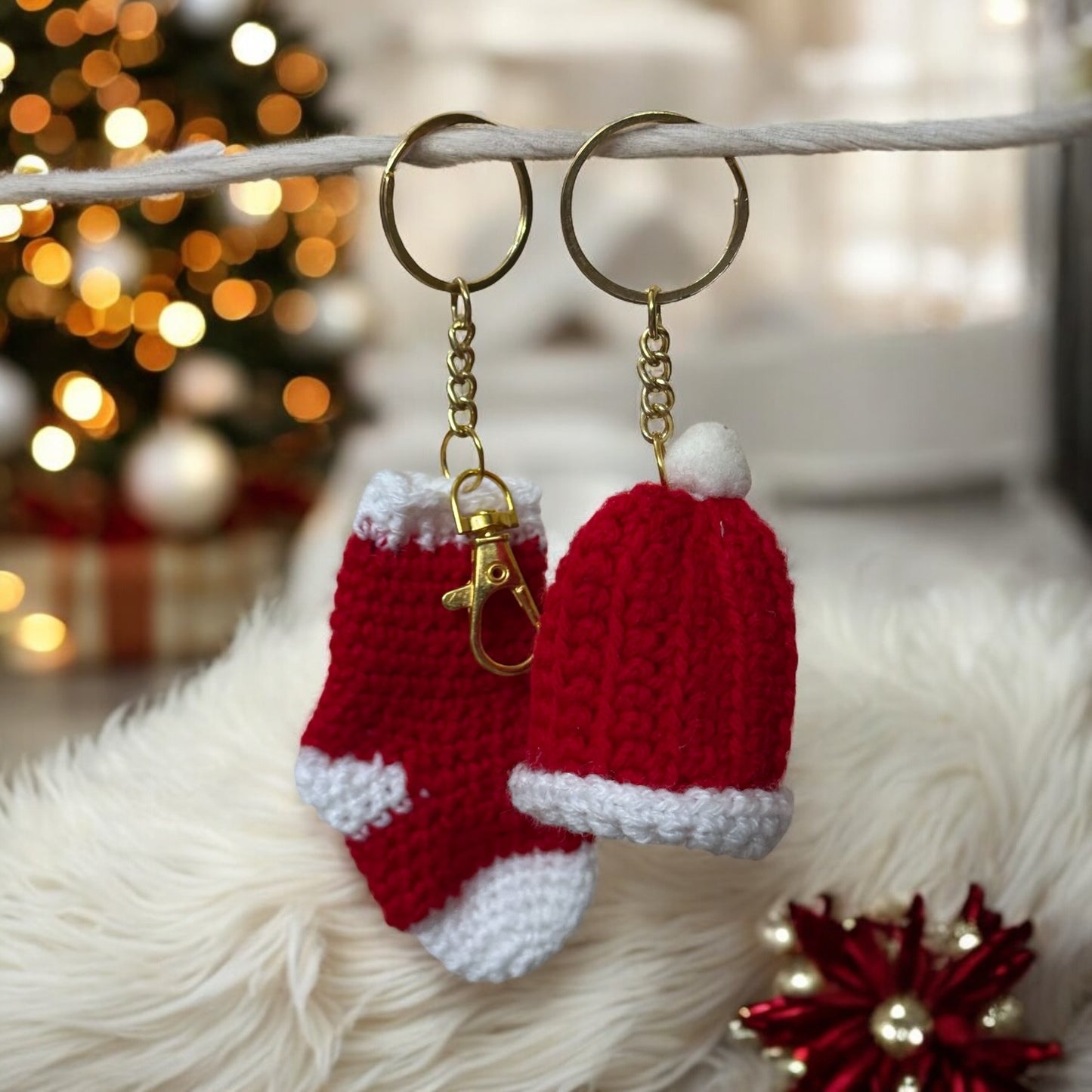 SOE Christmas Hat & Sock Keychain and Bag Charms - Set of 2 | Red & White