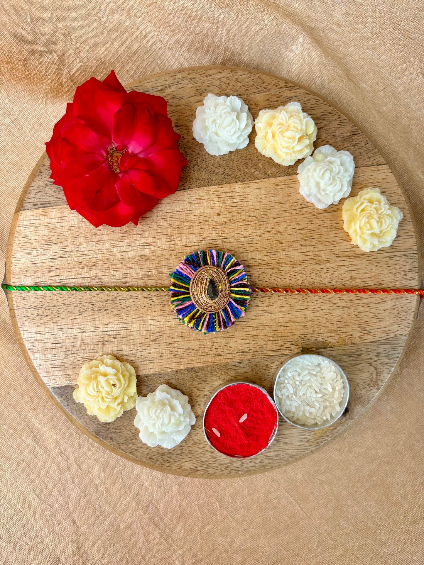 SOE Plantable Pine Needle Rakhi: SADABAHAR with sunflower seed (with rice & tikka)