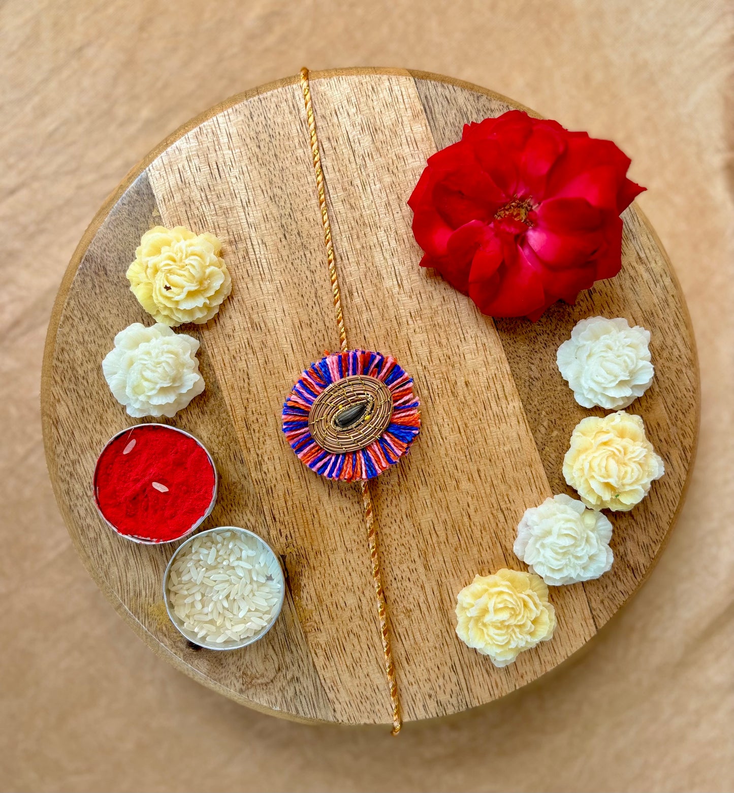 SOE Plantable Pine Needle Rakhi: KESAR with sunflower seed (with rice & tikka)