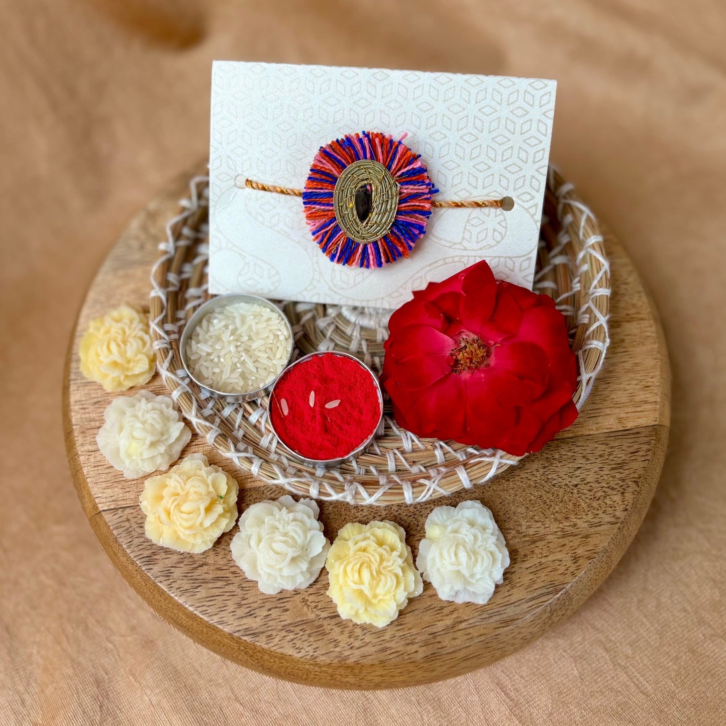 SOE Plantable Pine Needle Rakhi: KESAR with sunflower seed (with rice & tikka)